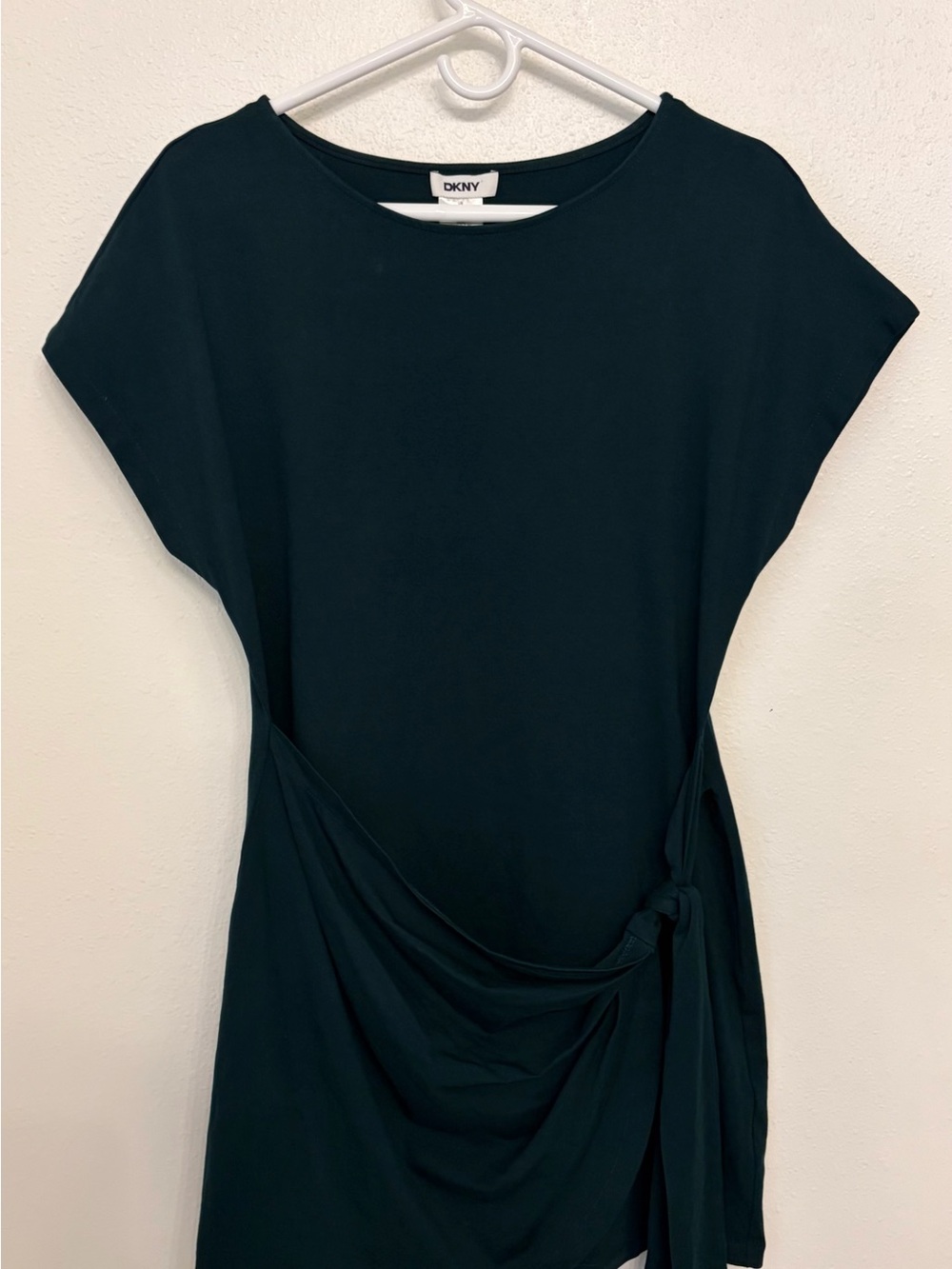 DKNY Dark Green Side-Tie Boatneck Draped Mini / Tee Dress - Size Medium